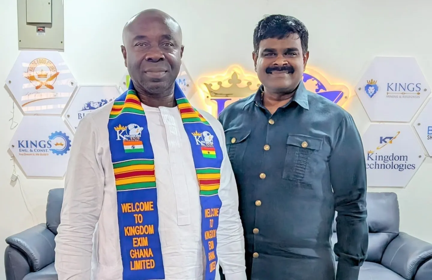 Honorable Minister of State for Special Initiatives Emmanuel Kwadwo Agyekum with James Kwame Rajamani, James Rajamani, James Gnanaraj Rajamani, and Immanuel Rajamani of Kingdom Exim